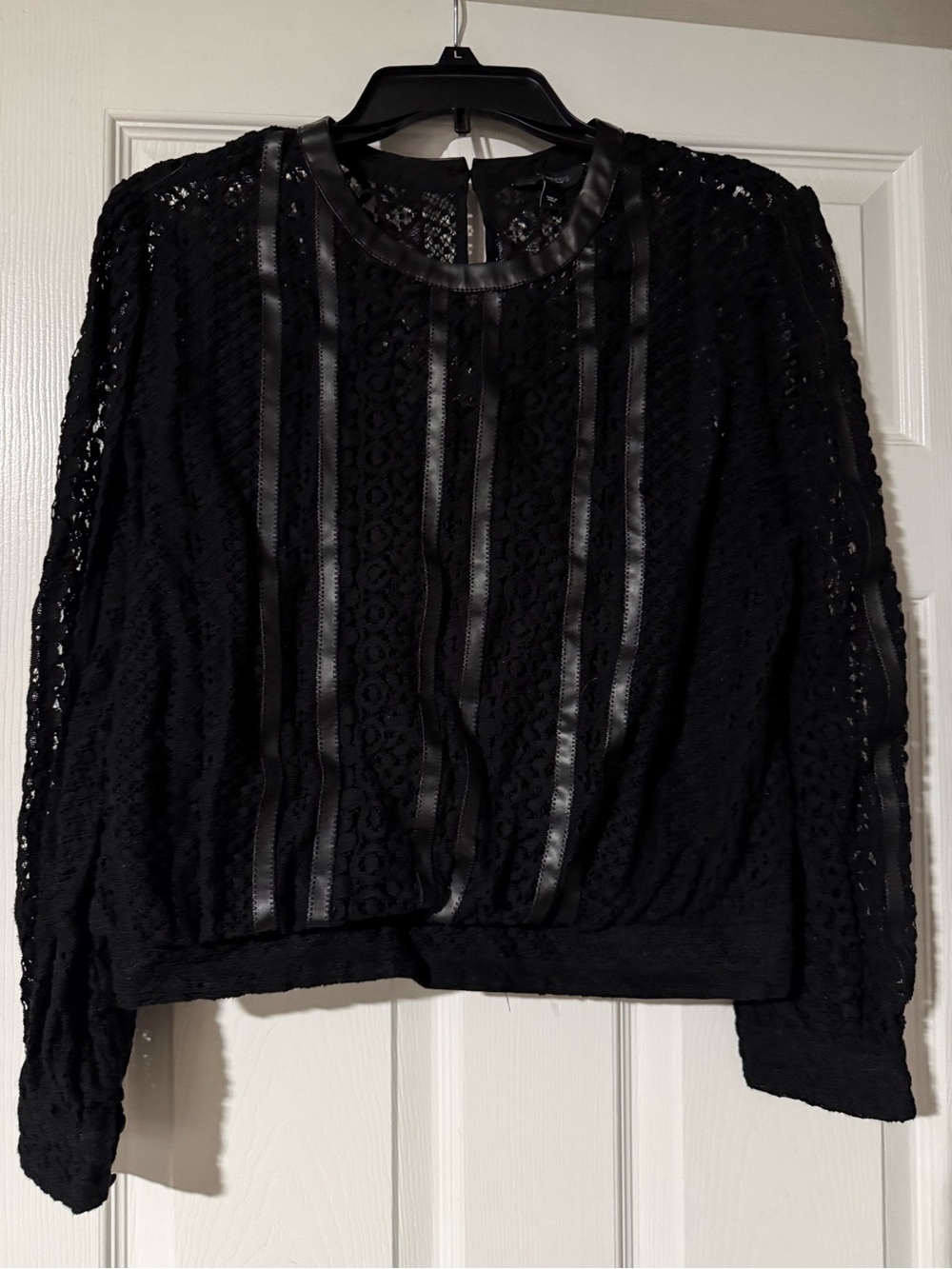 Express Black Lace Long-Sleeve Blouse with Satin Trim